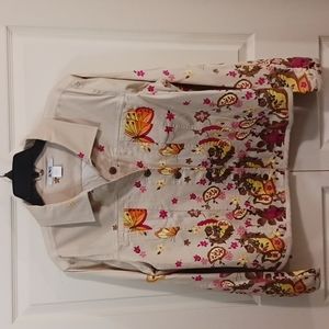 Acorn jacket blazer - XL - tan w butterflies and flowers - button down